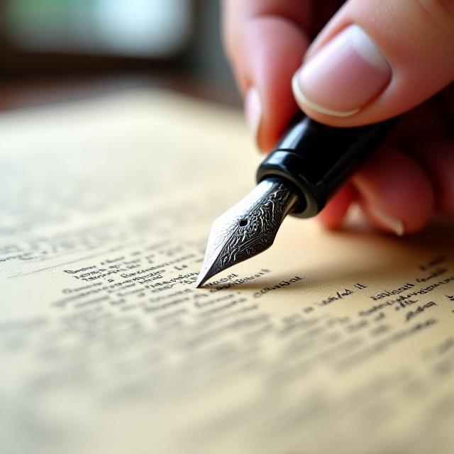 A meticulous legal professional reviewing a contract draft with a fountain pen