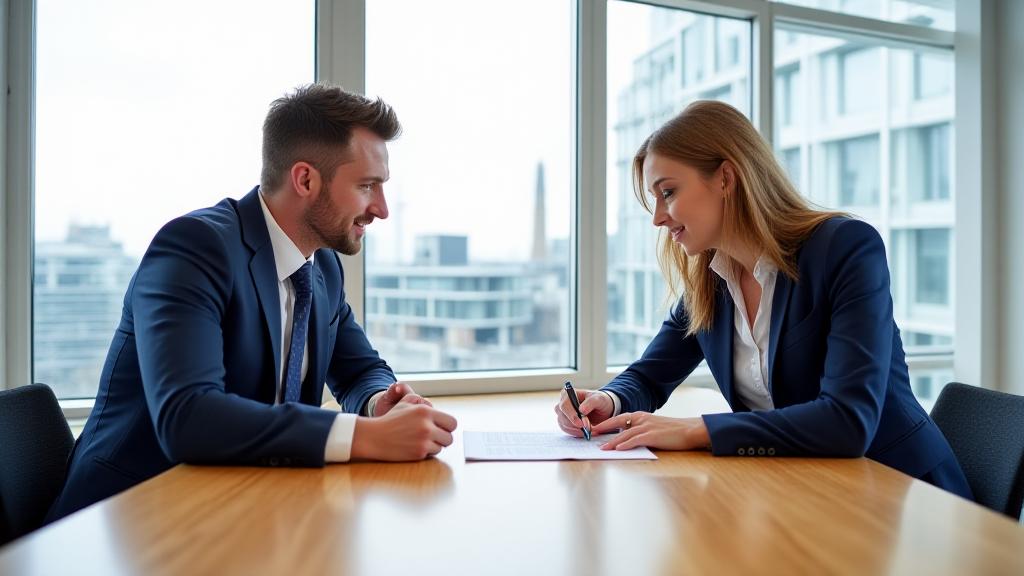 Professional legal consultation showing two people discussing a document over coffee in a bright London office
